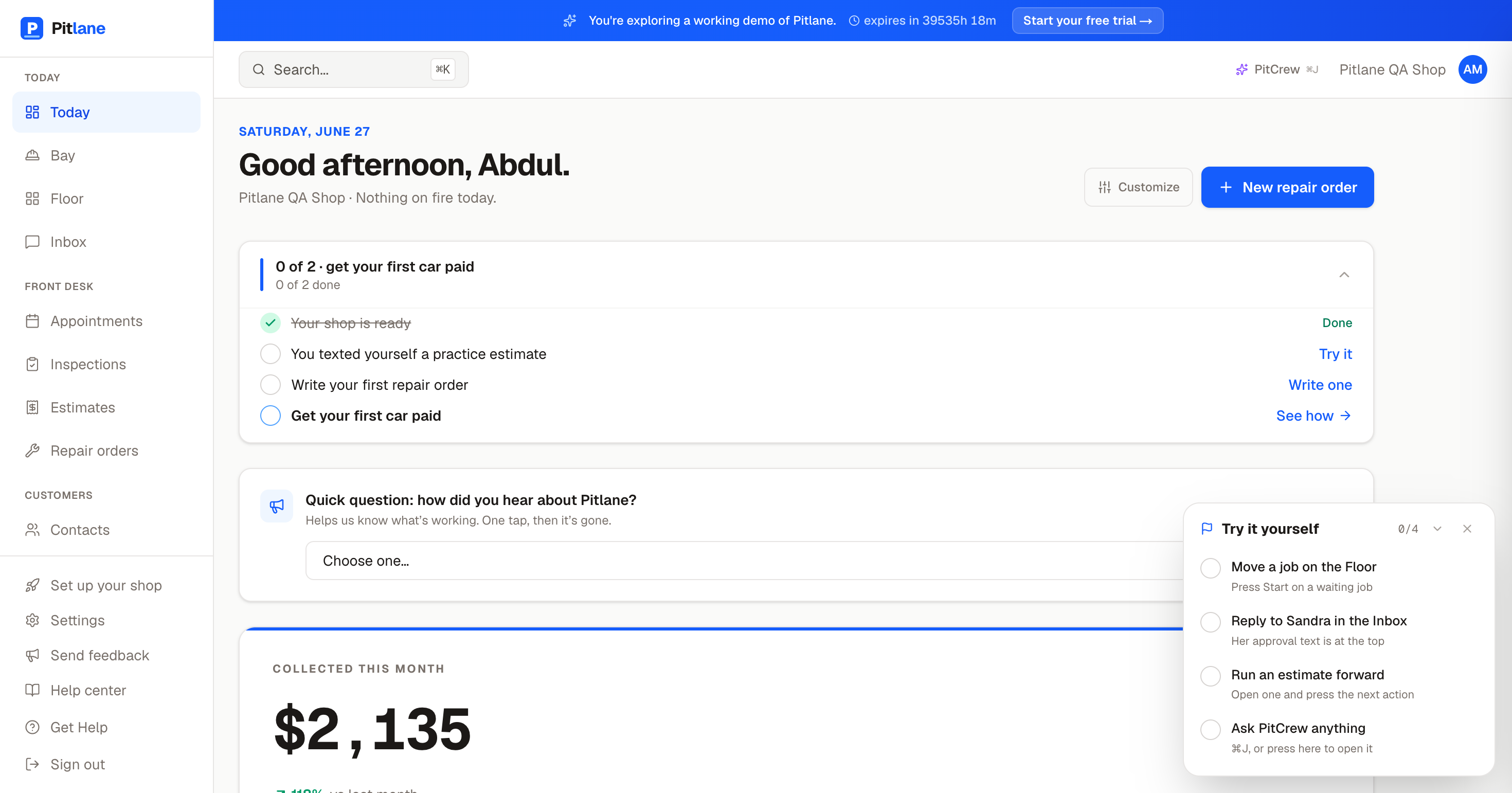Pitlane dashboard: a shop owner's daily view with tasks, revenue collected this month, and the PitCrew AI assistant.